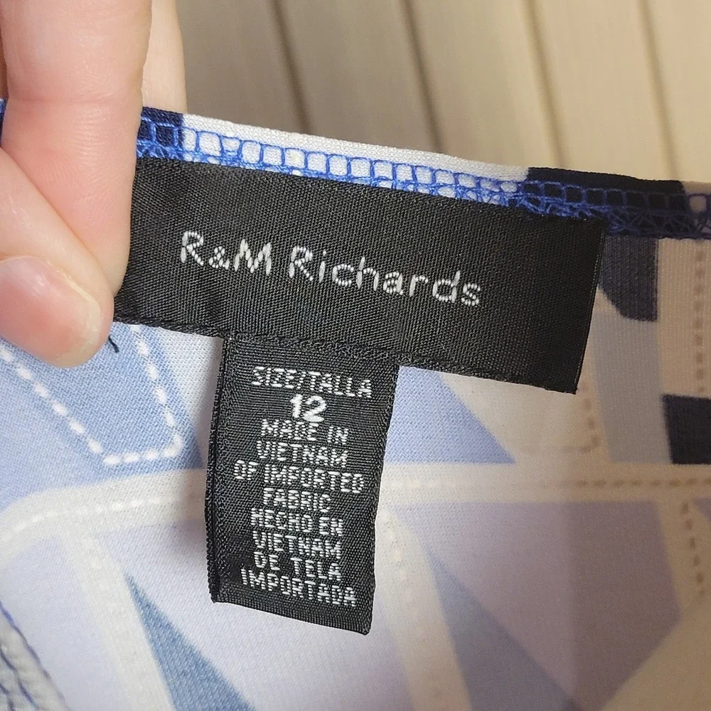 R&M Richards Womens Blue Geometric Print Sheath Dress and Duster Set Size 12